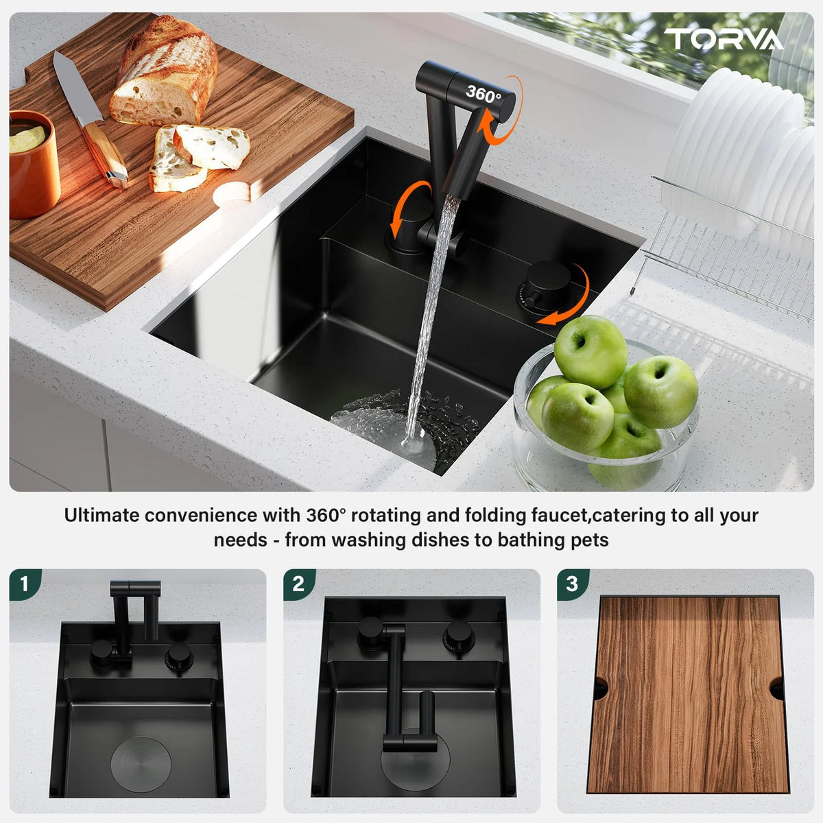 TORVA RV Kitchen Sink, 13 x 15 x 7 Inch Undermount Bar Sink 16 Gauge Stainless Steel Single Bowl Sink with Foldable Faucet Cutting Board, Dark Grey
