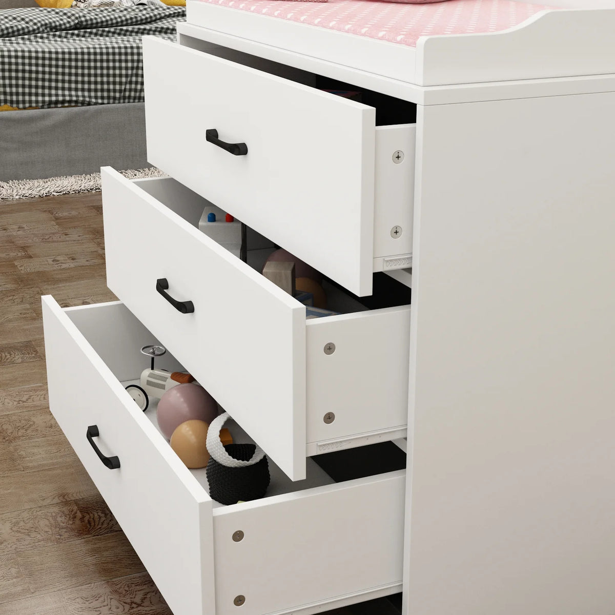 OXYLIFE 45" Baby Nursery Changing Table Dresser with 4 Drawers and Shelf for Nursery Room, White