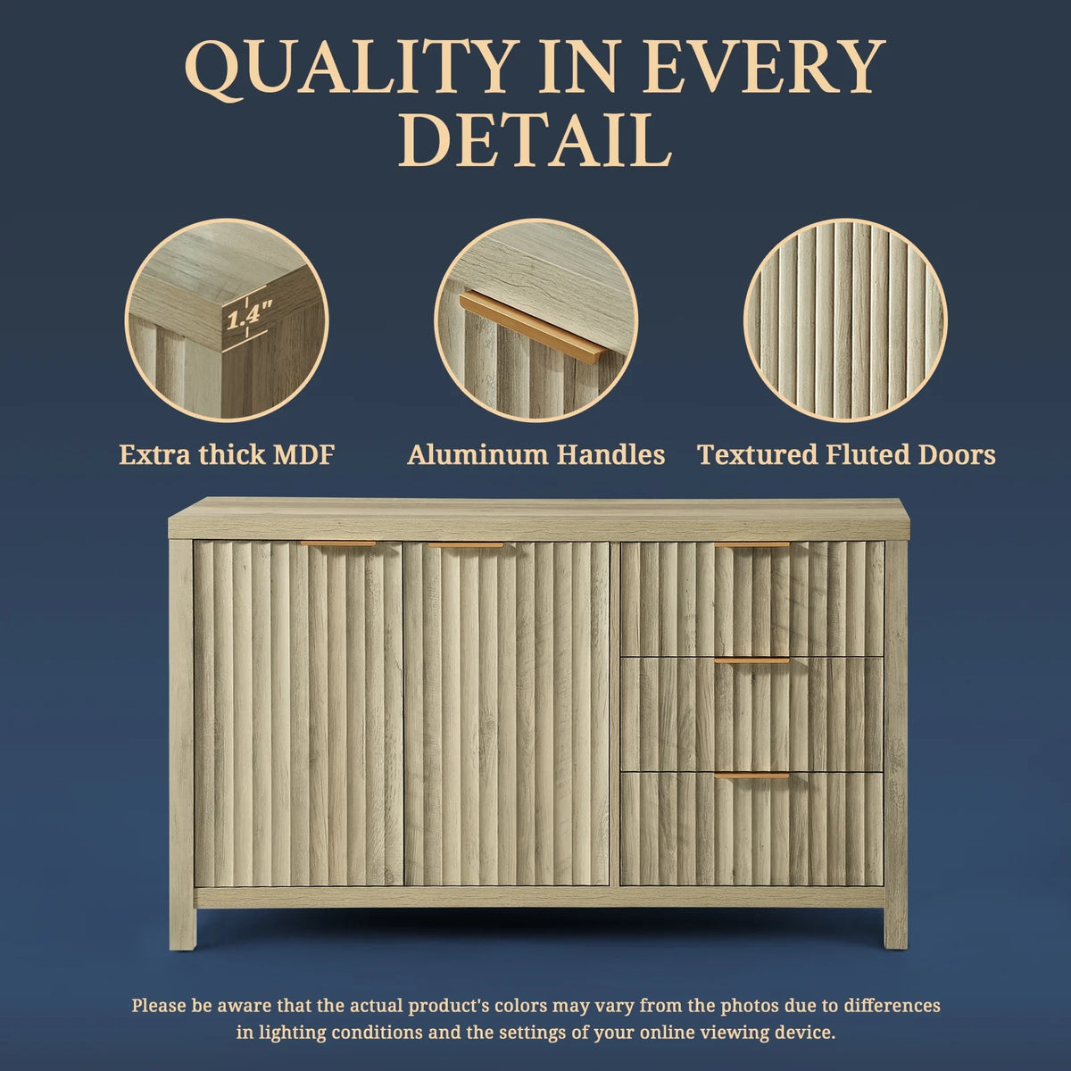 OAKHAM Fluted Sideboard Buffet Cabinet with 4 Doors, Storage Credenza with Adjustable Shelves, Modern Accent Cabinet Console, Sunwashed Ash Oak