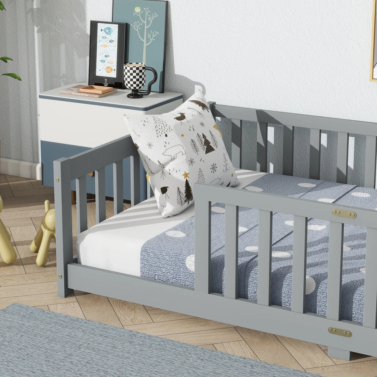 Miniyam Wooden Twin Size Floor Bed with Safety Fence for Kids, Natural