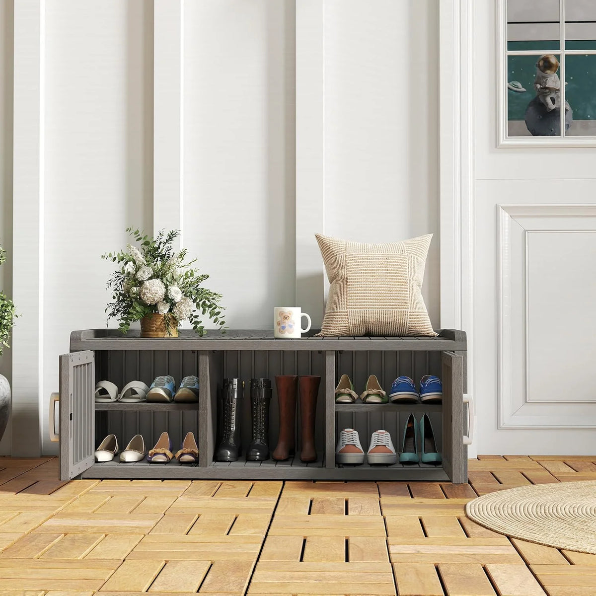 KAMABOKO Outdoor Shoe Storage Cabinet, Waterproof UV-Resistant Entryway Storage Bench Indoor Outdoor with 2 Barn Doors, Adjustable Shelves for Entryway, Bedroom, Hallway,Living Room(Black)