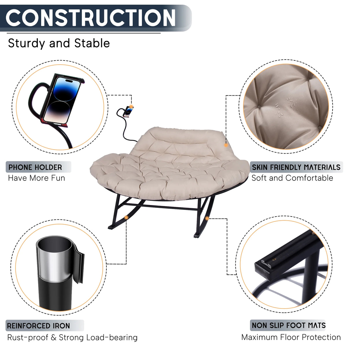 Outdoor Loveseat Rocking Chair with Thicken Cushion and Phone Holder for 2 Person for Garden Patio Yard (Beige)