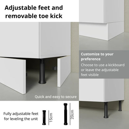 Madesa Full Set Hazel Kitchen Storage Cabinet 107 Inch Wooden Organization Unit with Multiple Compartments Engineered Wood Slab Doors Painted Finish Floor Mount Removable Plinth - White/Brown
