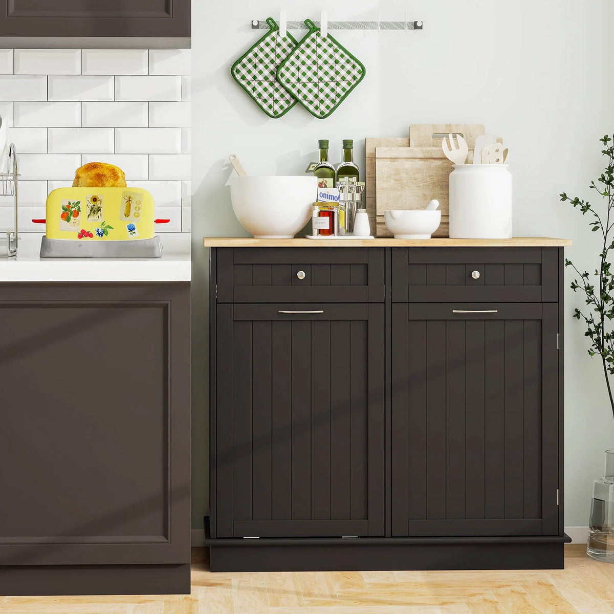 Costway 15.5 Gallon Kitchen Tilt Out Trash Cabinet Rubber Wood Tabletop 2 Drawers Shelf Gray