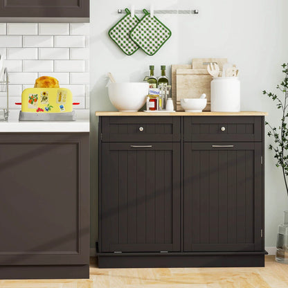 Costway 15.5 Gallon Kitchen Tilt Out Trash Cabinet Rubber Wood Tabletop 2 Drawers Shelf Gray