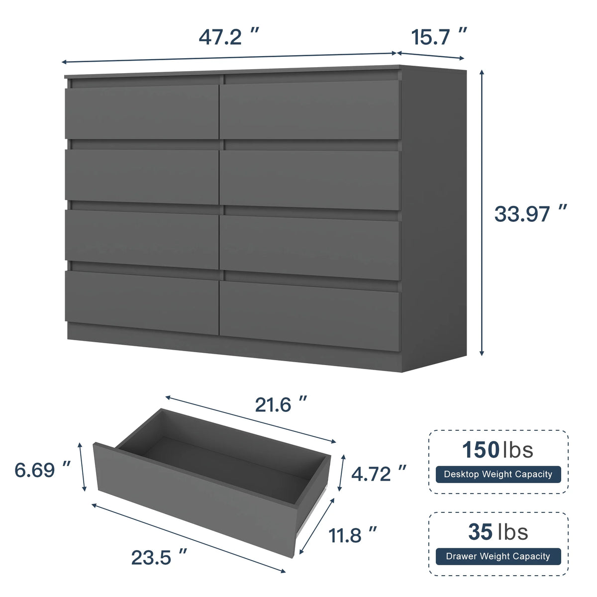 Resenkos Modern Mid Century 6 Drawer Wide Dressers Chests for Bedroom, Chest of Drawer Organizer Grey