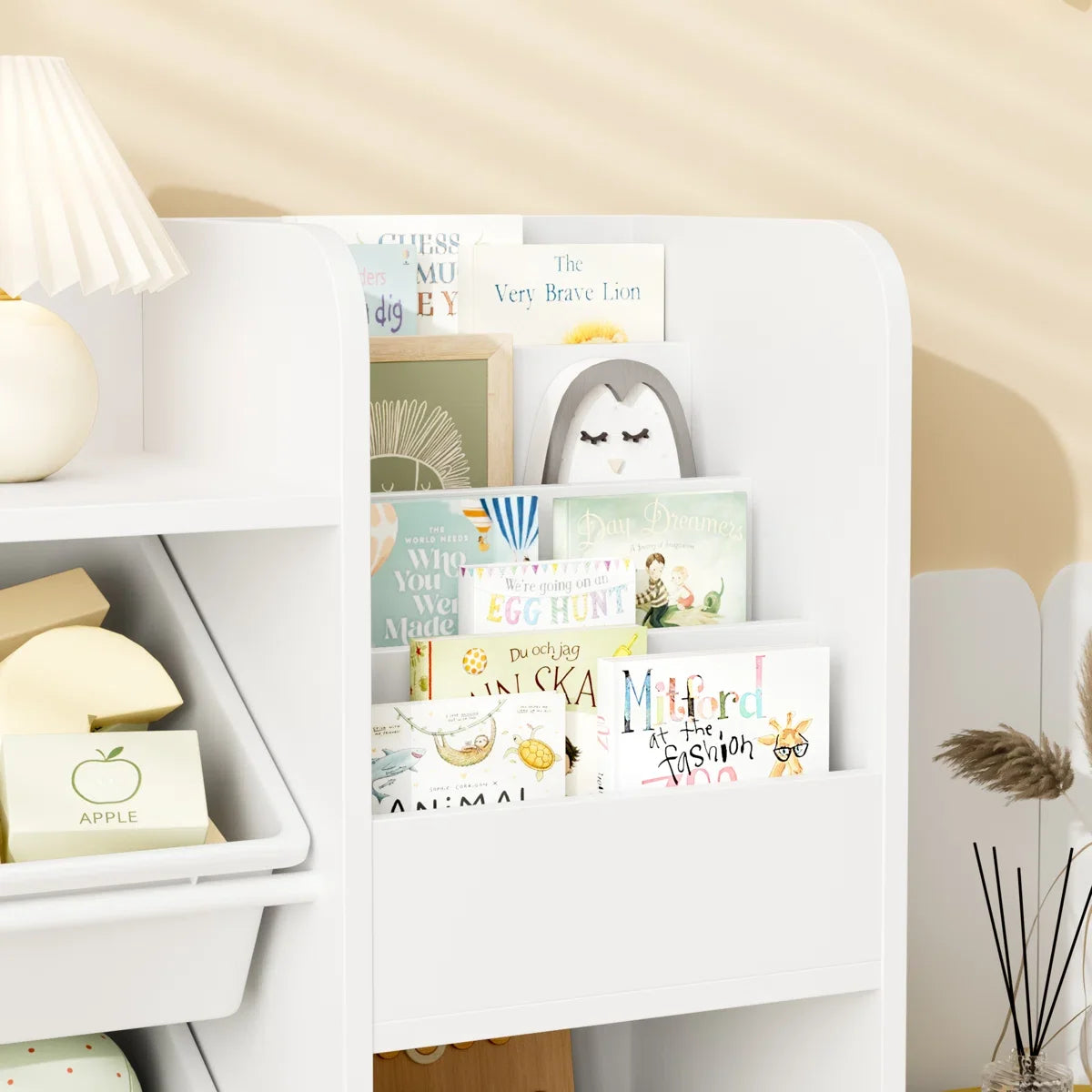 Hiphuta Kids Bookcase Toy Storage Organizer, Wooden Toy Organizer of 4 Bins& 2 Removable Drawers for Home Bedroom, Kids Bookshelf Toy Box with Book Rack, White