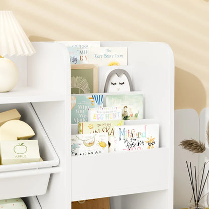 Hiphuta Kids Bookcase Toy Storage Organizer, Wooden Toy Organizer of 4 Bins& 2 Removable Drawers for Home Bedroom, Kids Bookshelf Toy Box with Book Rack, White