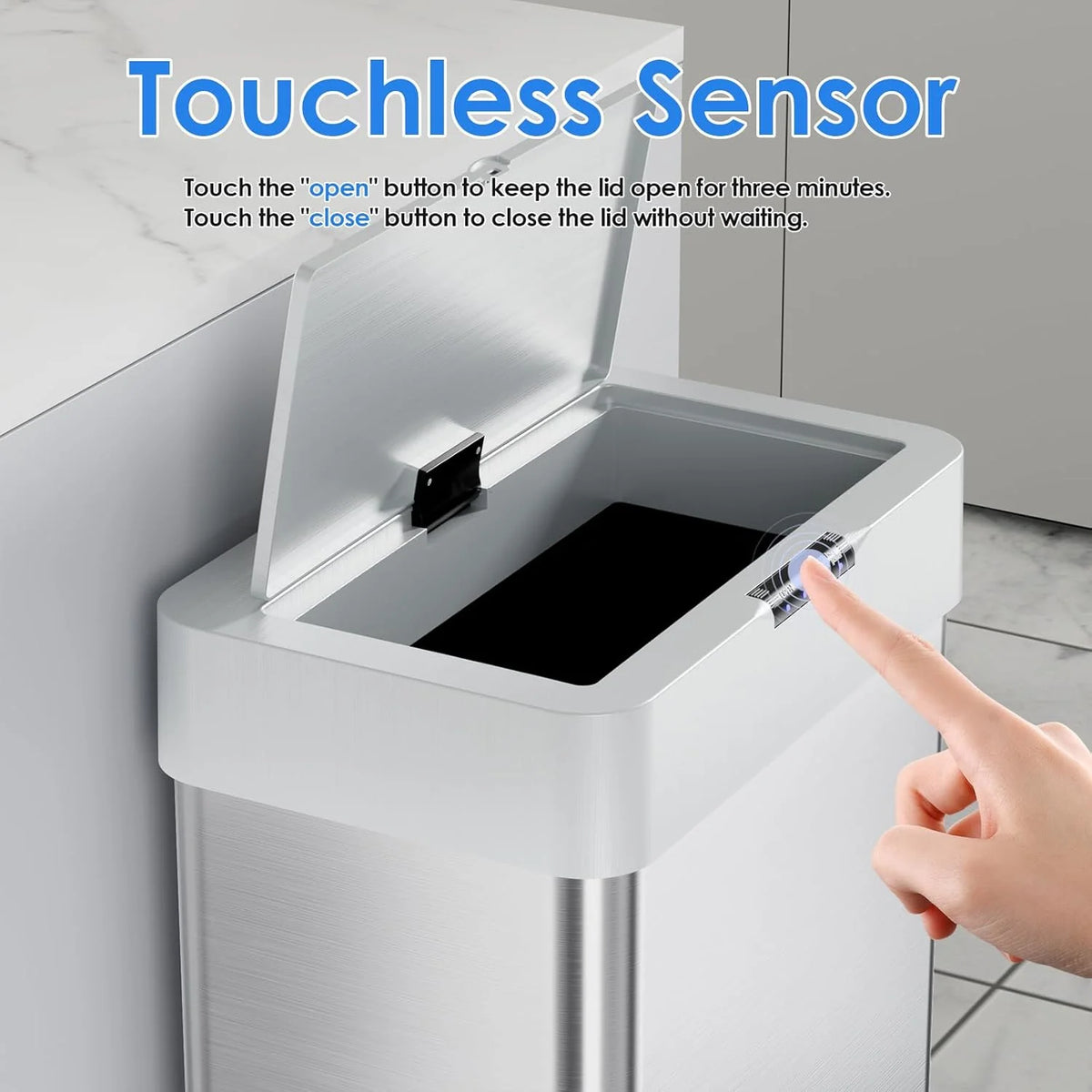 LAZY BUDDY 60 Liter / 16 Gallon Stainless Steel Motion Sensor Trash Can for Kitchen, Bathroom, Rectangular