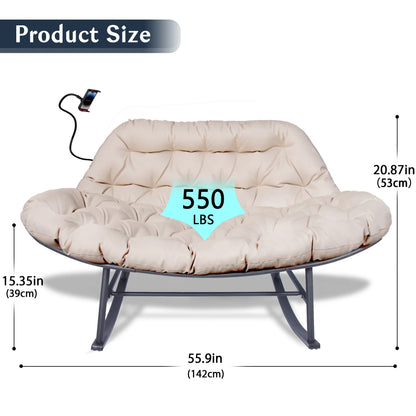 Outdoor Loveseat Rocking Chair with Thicken Cushion and Phone Holder for 2 Person for Garden Patio Yard (Beige)