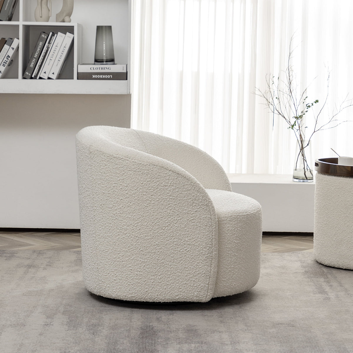 34" W Mid Century Modern Swivel Barrel Chair, Round Upholstered Boucle Swivel Accent Chairs, No Assembly Sofa Chair for Living Room Bedroom Reading Apartment Lounge Nursery(Cream)