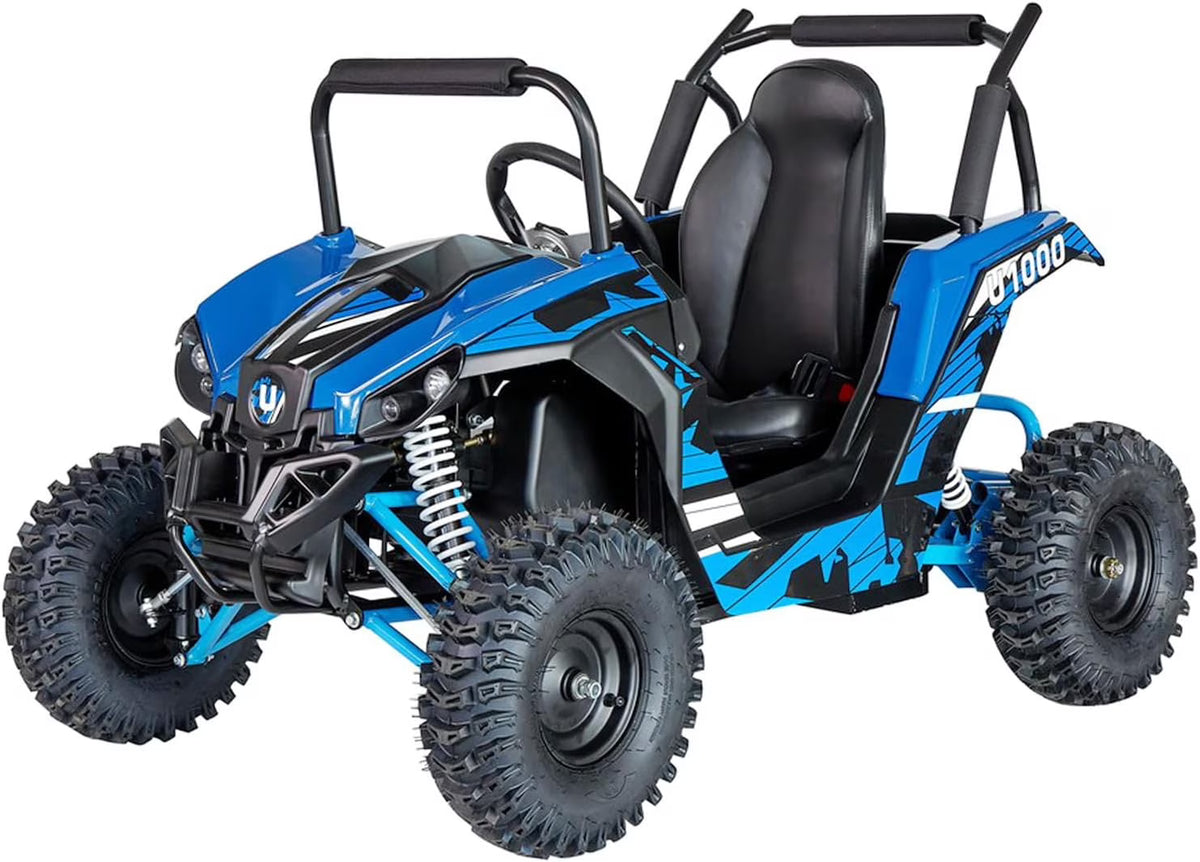 UTV Ride on Car (Large),Shock Absorber, 48V Electric Vehicles with Disk Brake, Gear Switch, Steel Frame, Off-Road Tire, Flexible Seat Belt and Seat, Three-Speed Parental Limit-Lock Function (Blue)
