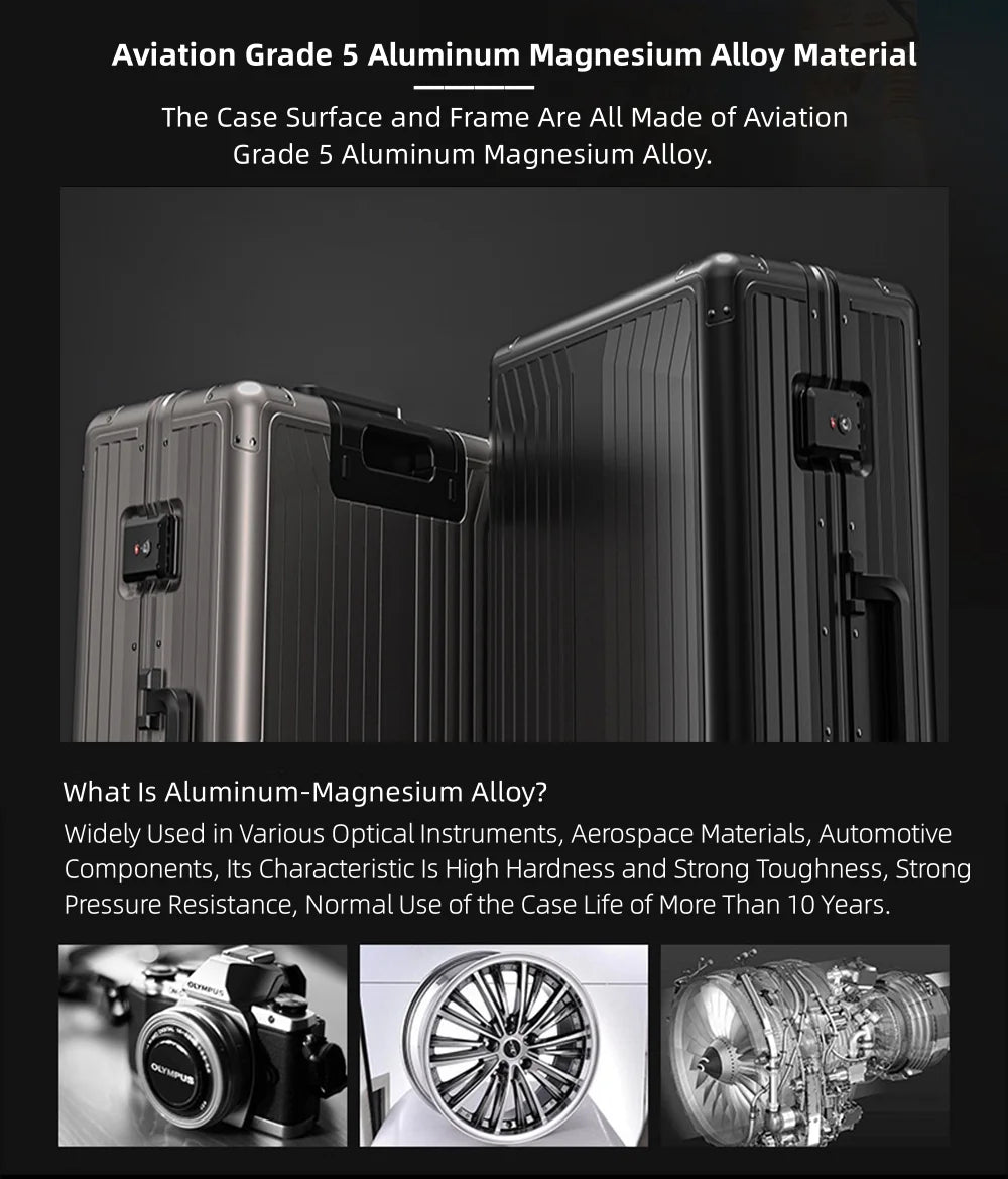 All Aluminum Magnesium Hardshell Carry on Luggage with Wheels, Modern Zipperless Hardshell Checked Luggage with TSA Lock, Airline Approved Metal Suitcase Travel Metal Rolling Luggage