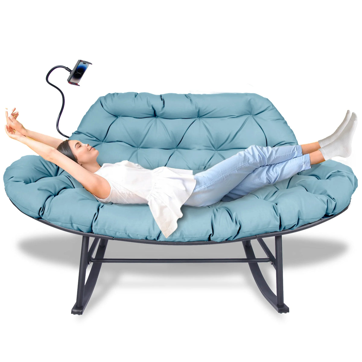 Outdoor Loveseat Rocking Chair with Thicken Cushion and Phone Holder for 2 Person for Garden Patio Yard (Beige)