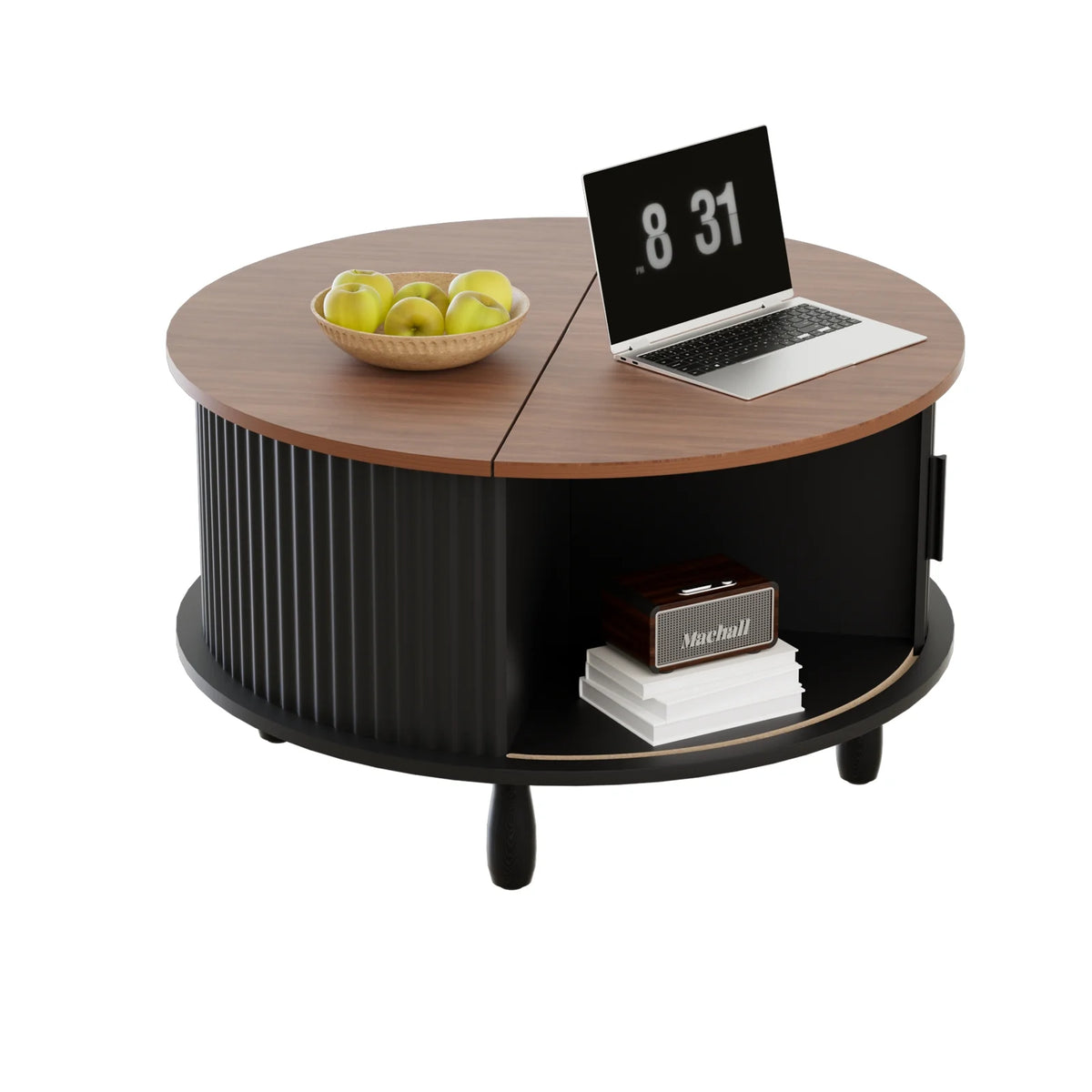 RUMLIVE Round Coffee Table with Storage, 30.7" Modern Coffee Table with 360�� Curved Sliding Door, Fluted Wood Coffee Table with Footpads, Round Center Table for Living Room, Black