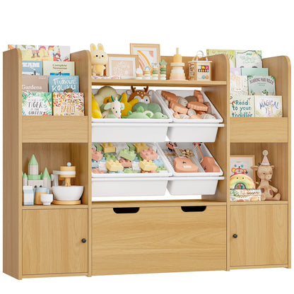 Hiphuta Kids Bookcase Toy Storage Organizer, Wooden Toy Organizer of 4 Bins& 2 Removable Drawers for Home Bedroom, Kids Bookshelf Toy Box with Book Rack, White