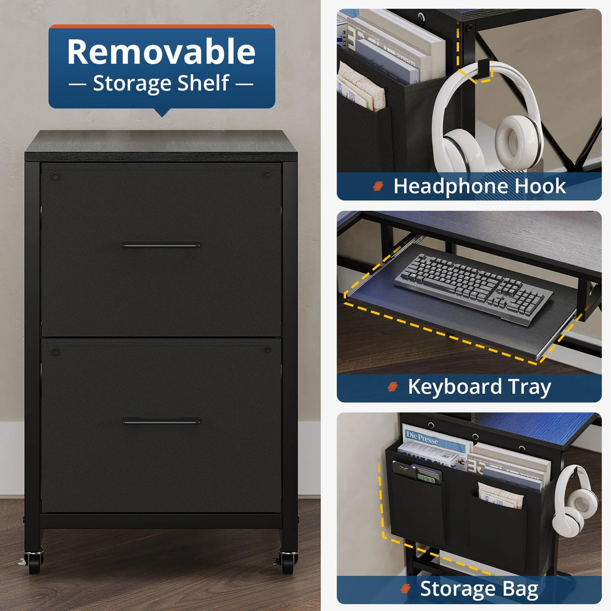 L Shaped Computer Desk with Power Outlet and LED Strip, Reversible Corner Gaming Desk with 2 Drawer and Keyboard Tray, Black