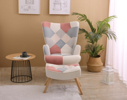 Modern Accent Chair with Solid Wood Legs and High Wing Backrest, Side Chair Set with Ottoman, Comfy Side Armchair for Living Room, Reading Room, Bedroom, Colorful Patchwork