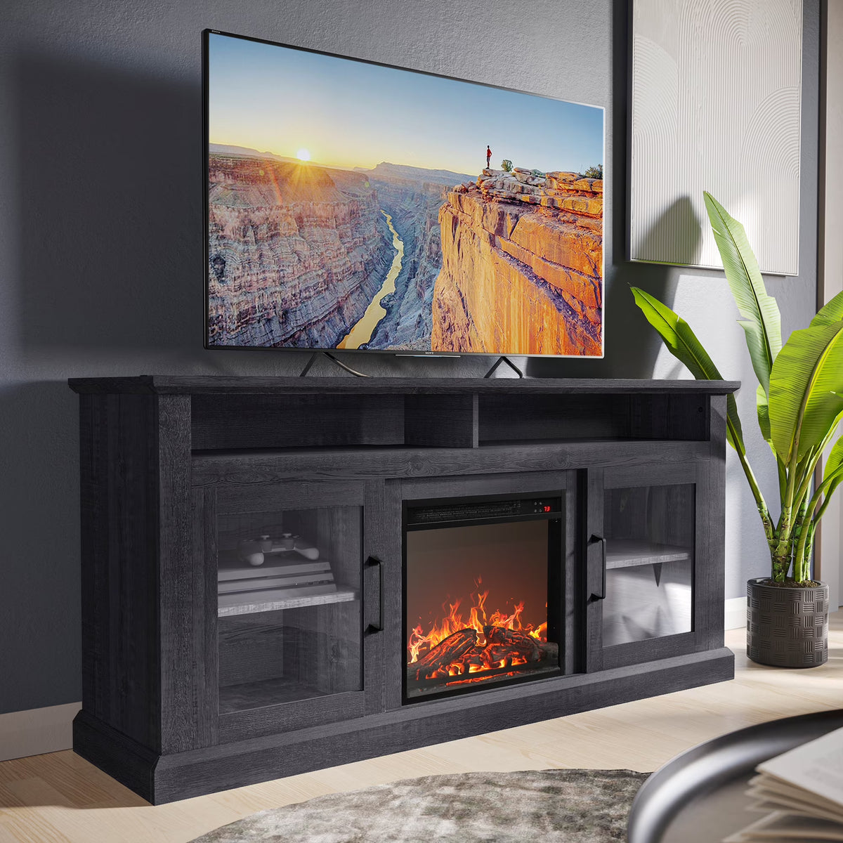 BELLEZE 60" TV Stand with 18" Electric Fireplace, Traditional TV Stand for TVs up to 65", Modern Media Entertainment Center Console Table with Open Storage Shelves & Cabinets - Cayman (Rustic Grey)
