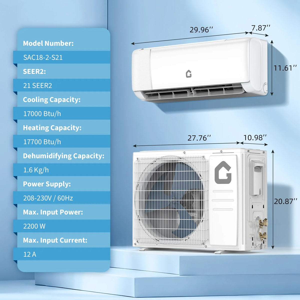 18000 BTU Mini Split Air Conditioner & Heater - Energy Saving 230V SEER2 21 Ductless Wall Mount AC Unit with WiFi, Remote Control & Installation Kit - Cools Rooms Up to 1250 Sq.Ft