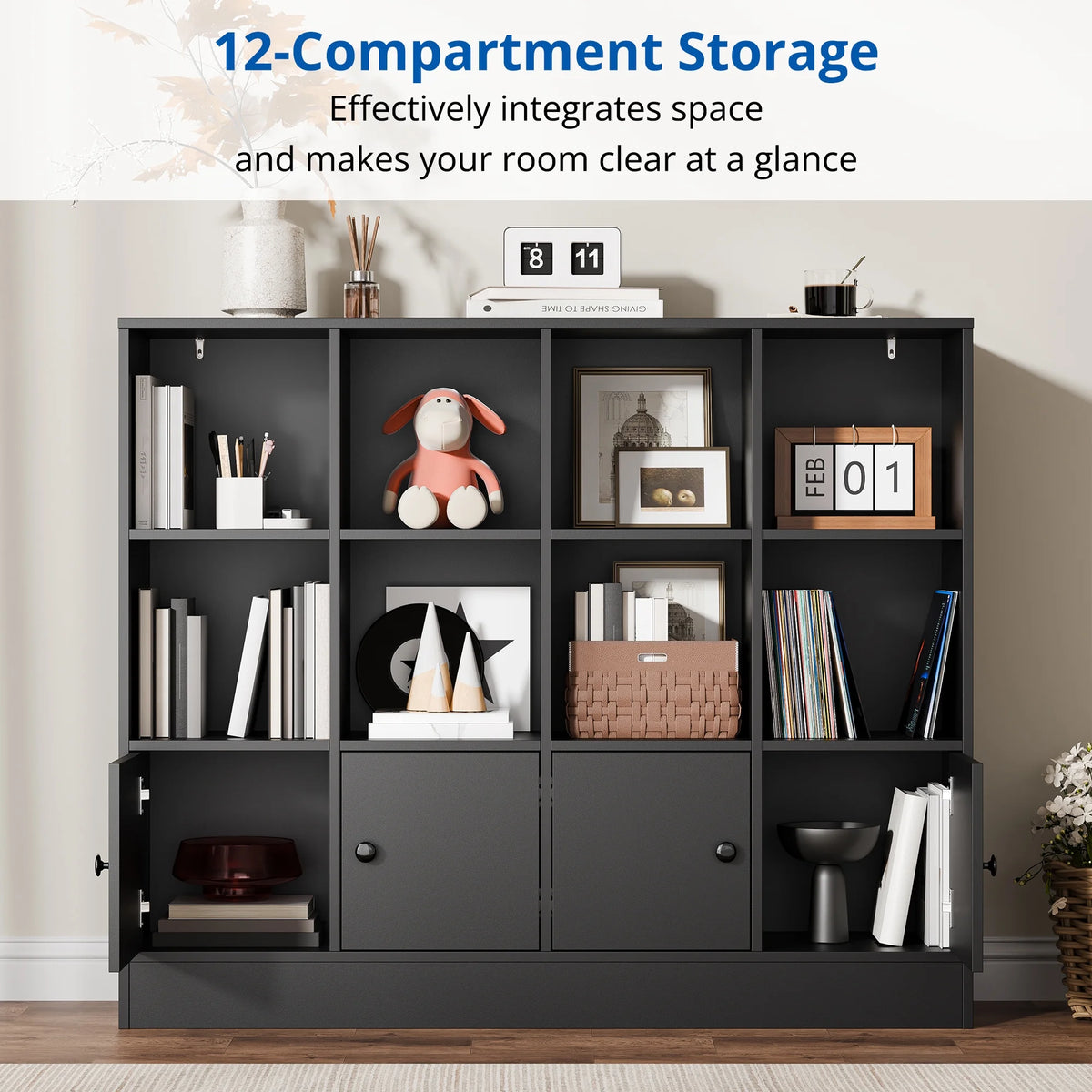 Cozy Castle 3-Tier Open Cube Bookcase with 12 Cubes and 4 Doors, Adjustable Shelves, White
