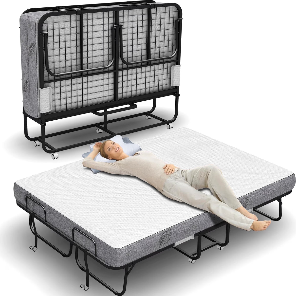 Folding Bed with Mattress 75" x 31" Cot Size Folded Bed, Rollaway Guest Bed Portable Foldable Extra Bed for Adults Daybed with 5" Memory Foam Mattress Space-Saving Sturdy Metal Grid Frame
