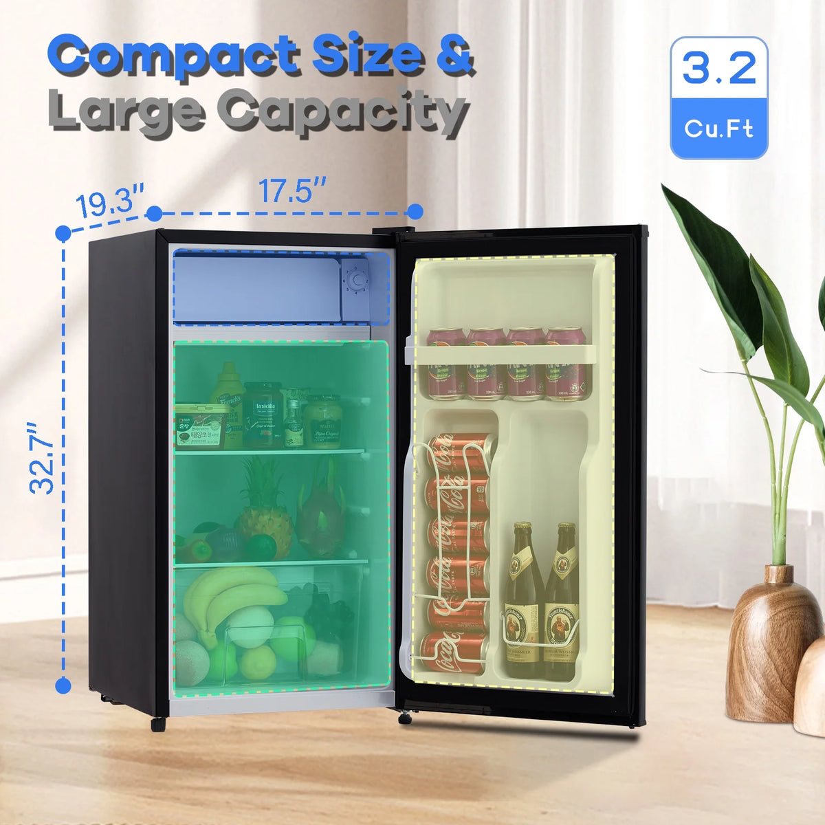 Mini Fridge with Freezer, 3.2 Cu.  Ft Small Refrigerator for Bedroom,7 Adjustable Thermostat,Low Noise,Easy to Storage&Clean Single Door,Refrigerator For Home, Office, Dorm, Garage or RV