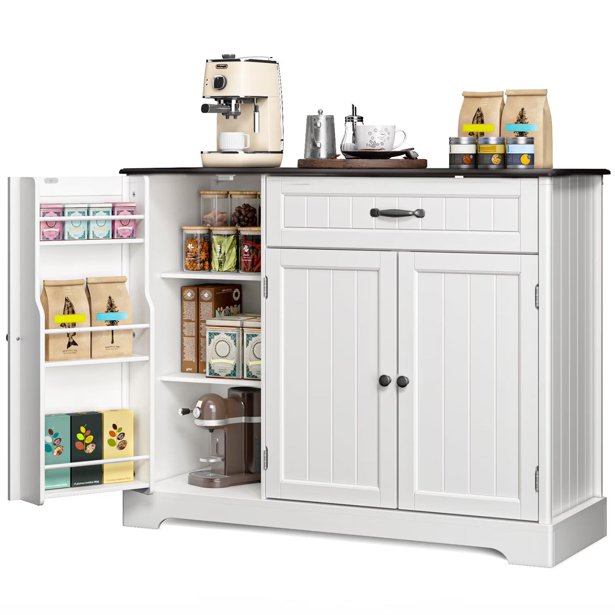 Coffee Bar, Lofka 42" Kitchen Storage Cabinet, Sideboard Buffet Cabinet with 8 Shelves, 1 Drawer