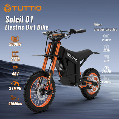 TUTTIO Soleil01 Adult Electric Dirt Bike (with Branded Helmet), 2000W, 48V 21Ah Battery, 37Mph Full Suspension Mountain E-Bike, 200Nm Torque All-Terrain Electric Motorcycle