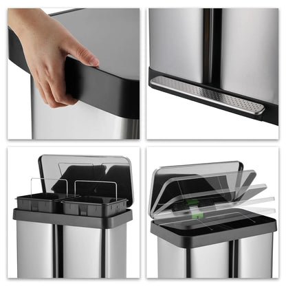 Arlopu 16 Gallon / 60L Dual Trash Can, Stainless Steel Kitchen Garbage Can with Soft-Close Lid, Home Office Classified Recycle Bin