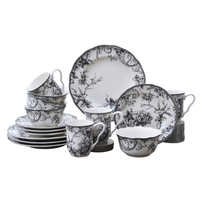 222 Fifth Adelaide Round 16-Piece Porcelain Dinnerware Set, Black Toile