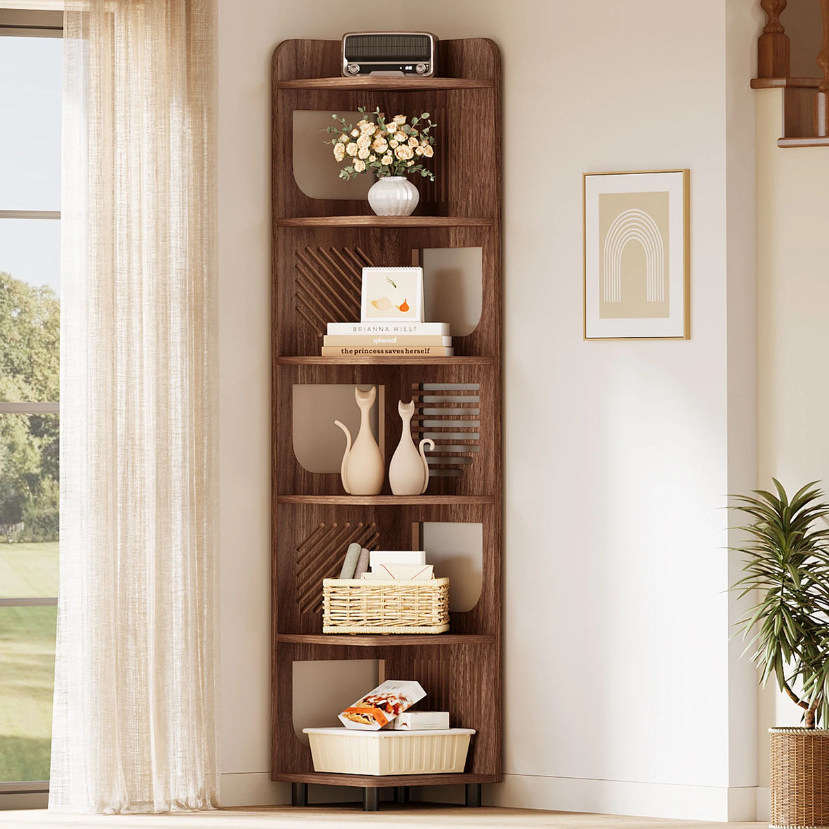 Fnova 71" 6-Tier Tall Corner Bookshelf, Rustic Wooden Narrow Corner Bookcase with Artistic Square Rack, Freestanding Display Storage Shelf for Space-Saving Home Organizing