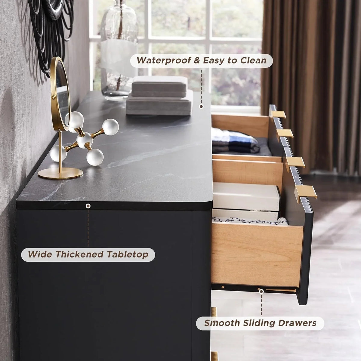 OKD 6 Drawer Dresser for Bedroom with Faux Marble Top, Modern Wood Chest of Drawers, Dresser Organizer, Natural Oak