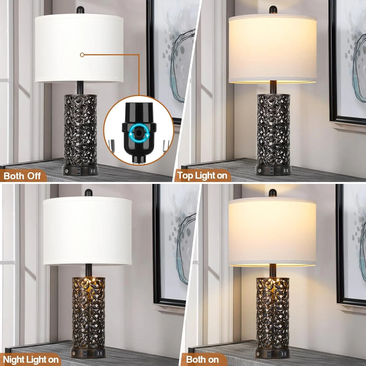 Cinkeda Table Lamp Set of 2 for Living Room Bedroom with USB Ports AC Outlet 3 Way Dimmable Touch Nightlight Farmhouse White Floral Nightstand Bedside Lamps