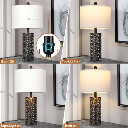 Cinkeda Table Lamp Set of 2 for Living Room Bedroom with USB Ports AC Outlet 3 Way Dimmable Touch Nightlight Farmhouse White Floral Nightstand Bedside Lamps