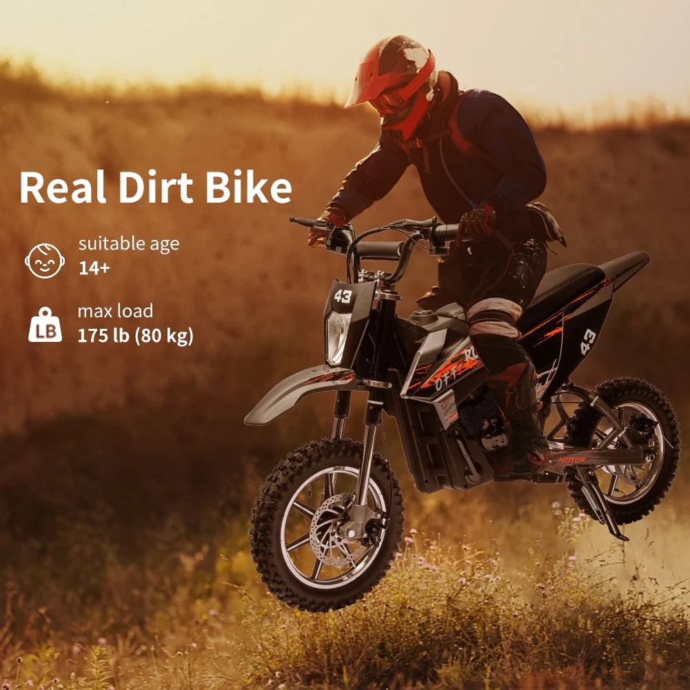 Electric Dirt Bike for Kids,36V Ride on Motorcycle,Up to 15.5MPH,350W Brushless Motor,LED Headlight,Leather Seat,Front and Back Brakes,Electric Motorcycle for Kids Age 8-16,Max Load 175lbs
