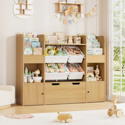 Hiphuta Kids Bookcase Toy Storage Organizer, Wooden Toy Organizer of 4 Bins& 2 Removable Drawers for Home Bedroom, Kids Bookshelf Toy Box with Book Rack, White