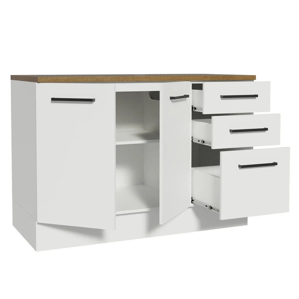 Madesa Hazel Kitchen Storage Buffet Base Cabinet with Adjustable Feet 47 Inch Engineered Wood Slab Doors Painted Finish Floor Mount Removable Plinth - White