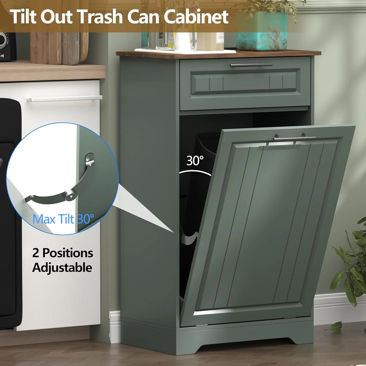 Single 10 Gallon Tilt Out Trash Can Cabinet with Deodorizing Function, Wooden Hidden Garbage Can Holder with Storage Drawers for Kitchen and Dining Room, Laundry Hamper Cabinet for Bathroom, Blue