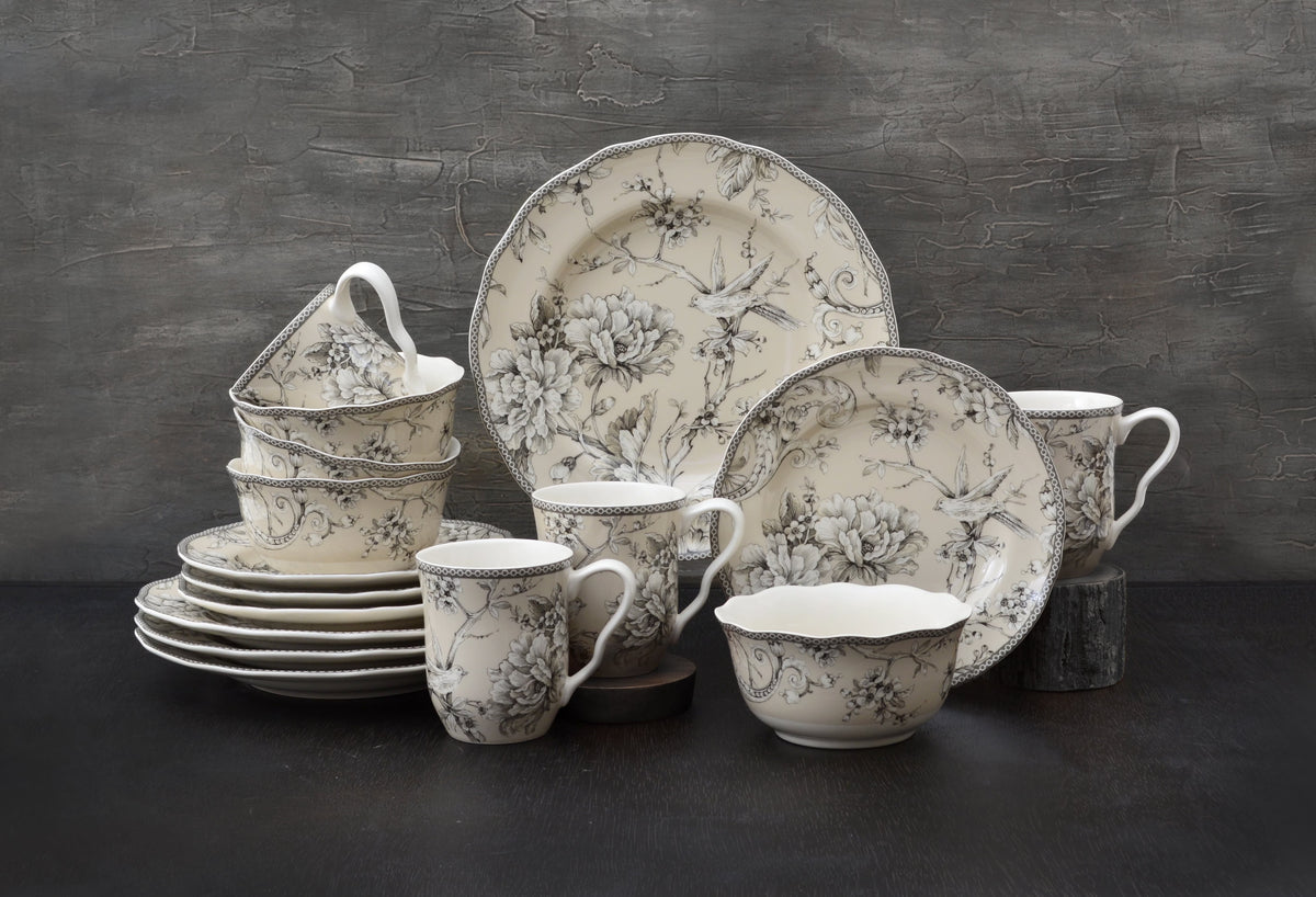 222 Fifth Adelaide Round 16-Piece Porcelain Dinnerware Set, Black Toile