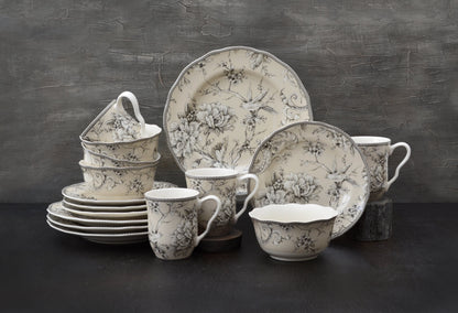 222 Fifth Adelaide Round 16-Piece Porcelain Dinnerware Set, Black Toile