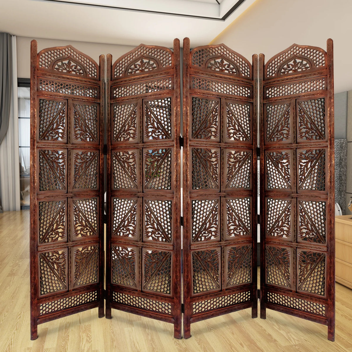 Four Panel Wooden Room Divider with Hand Carved Details in Antique Brown
