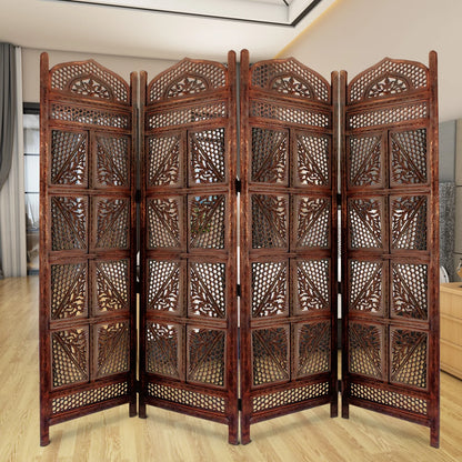 Four Panel Wooden Room Divider with Hand Carved Details in Antique Brown