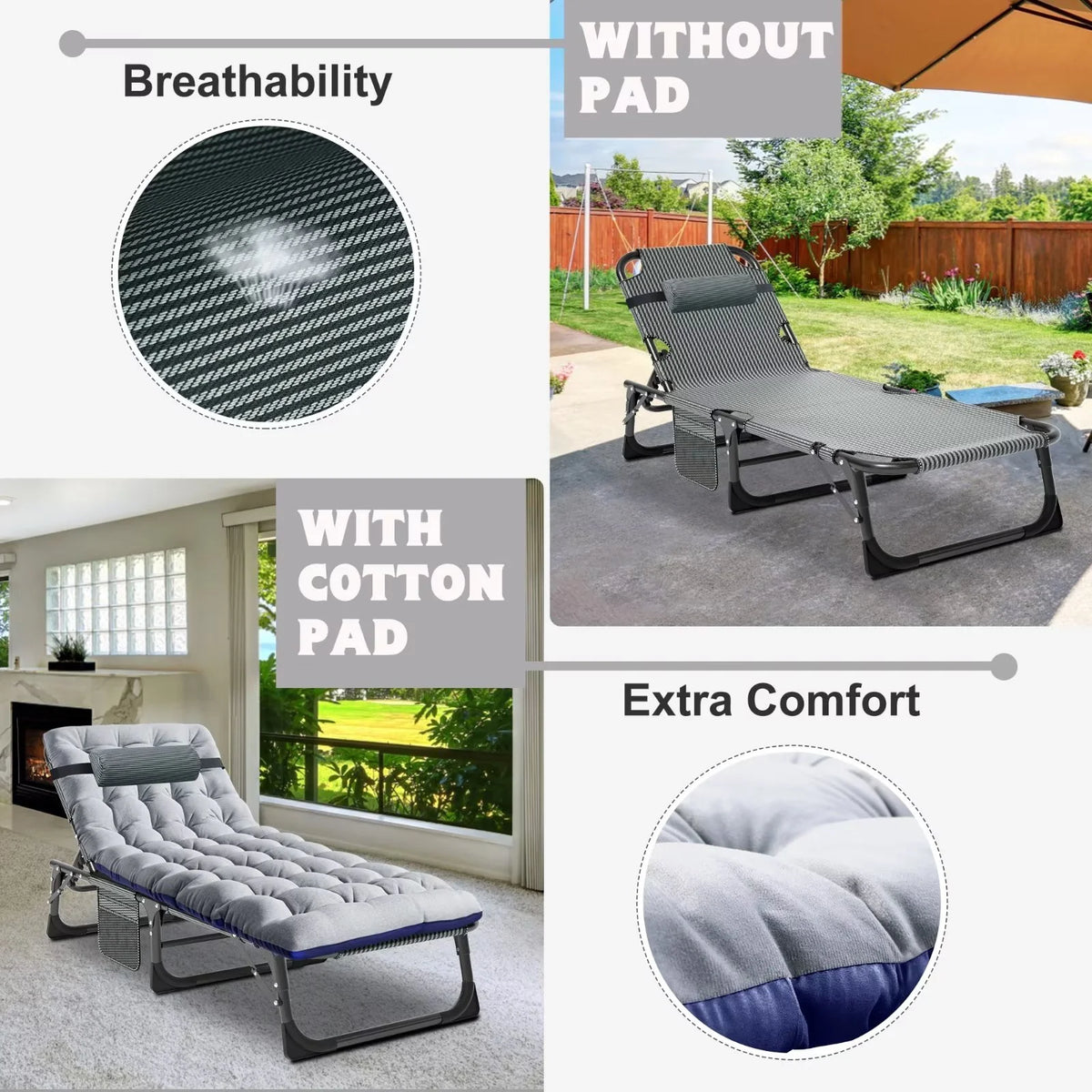 MOPHOTO Lounge Chair with Mattress, Outdoor Chaise Lounge Support 440 Lbs, Adjustable Portable Heavy Duty Sleeping Cots Bed for Camping, Pool, Beach, Patio