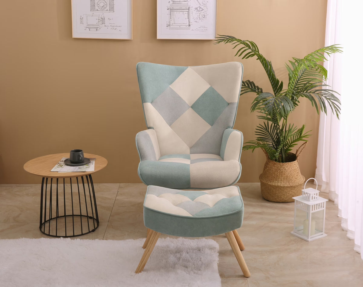 Modern Accent Chair with Solid Wood Legs and High Wing Backrest, Side Chair Set with Ottoman, Comfy Side Armchair for Living Room, Reading Room, Bedroom, Colorful Patchwork