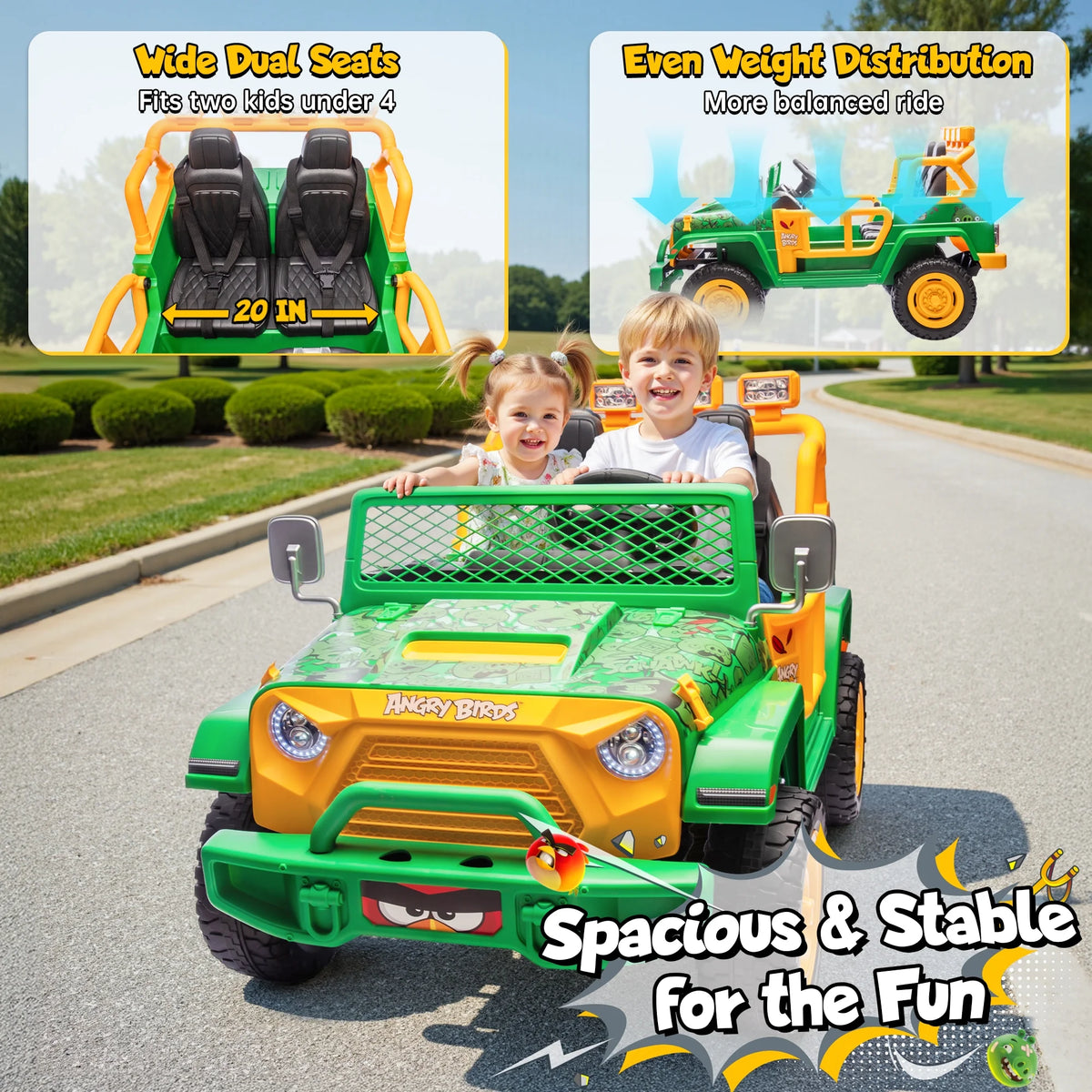 Joyracer 24 Volt Ride on Toys for Big Kids, Licensed Angry Birds Ride on Truck with Remote, 2 Seater 4WD Electric Ride ons with Shovel, Bluetooth, Lights, Power Car Wheels for 3-8, 130lbs, Green