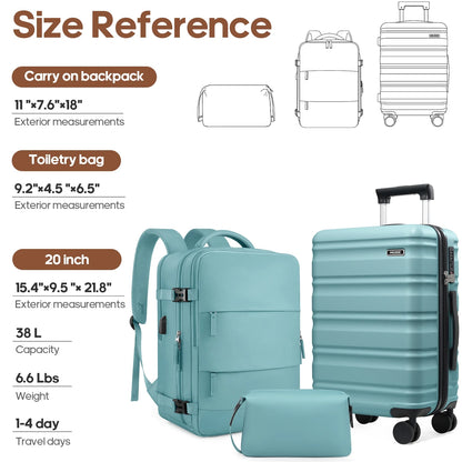 MIUSSE Luggage Sets 3 Piece, 20 Inch Carry On Luggage with Wheels, 100% PC Hardshell Suitcase with TSA Lock, Carry On Suitcases Airline Approved With Travel Backpack for Men Women