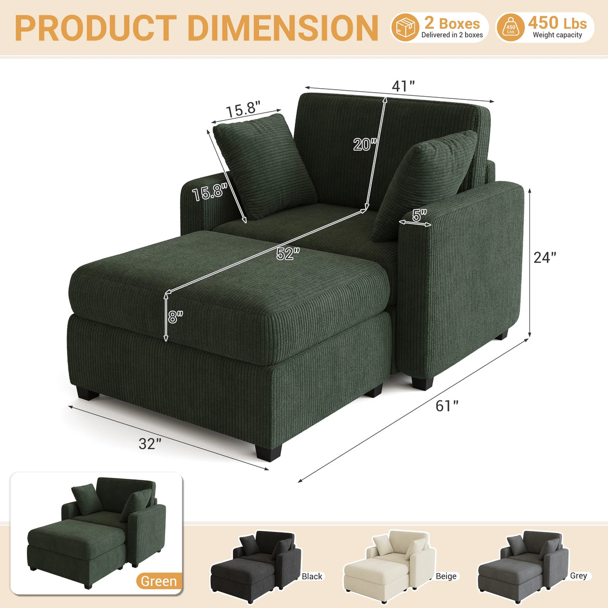 LUMIHO Chaise Lounge Chair Indoor, 42" Sleeper Chair with Two Throw Pillows and Armrests, Corduroy Chaise Couch Chair with Ottoman for Living Room, Bedroom, Apartment, Green