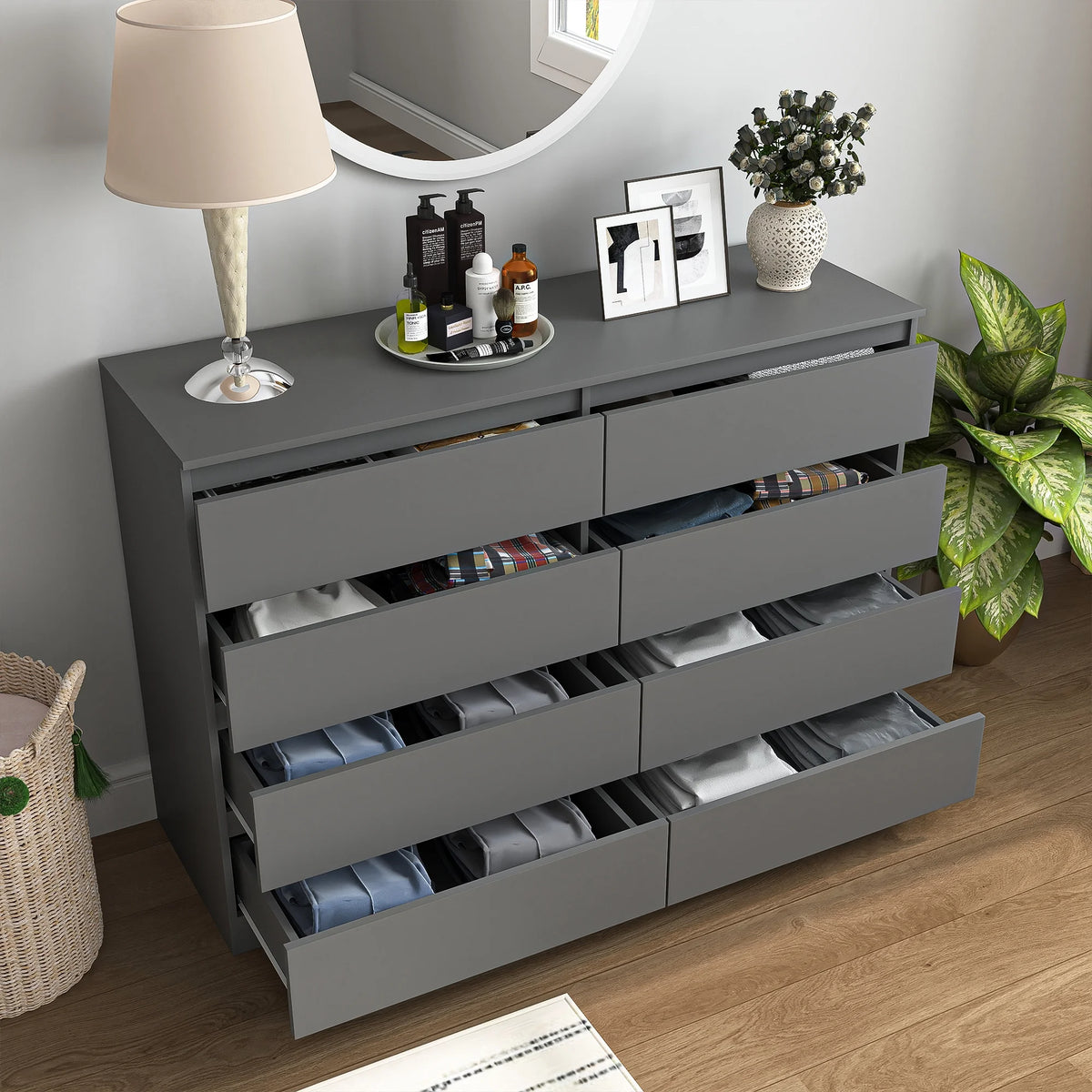 Resenkos Modern Mid Century 6 Drawer Wide Dressers Chests for Bedroom, Chest of Drawer Organizer Grey