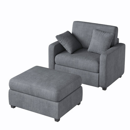 LUMIHO Chaise Lounge Chair Indoor, 42" Sleeper Chair with Two Throw Pillows and Armrests, Corduroy Chaise Couch Chair with Ottoman for Living Room, Bedroom, Apartment, Green